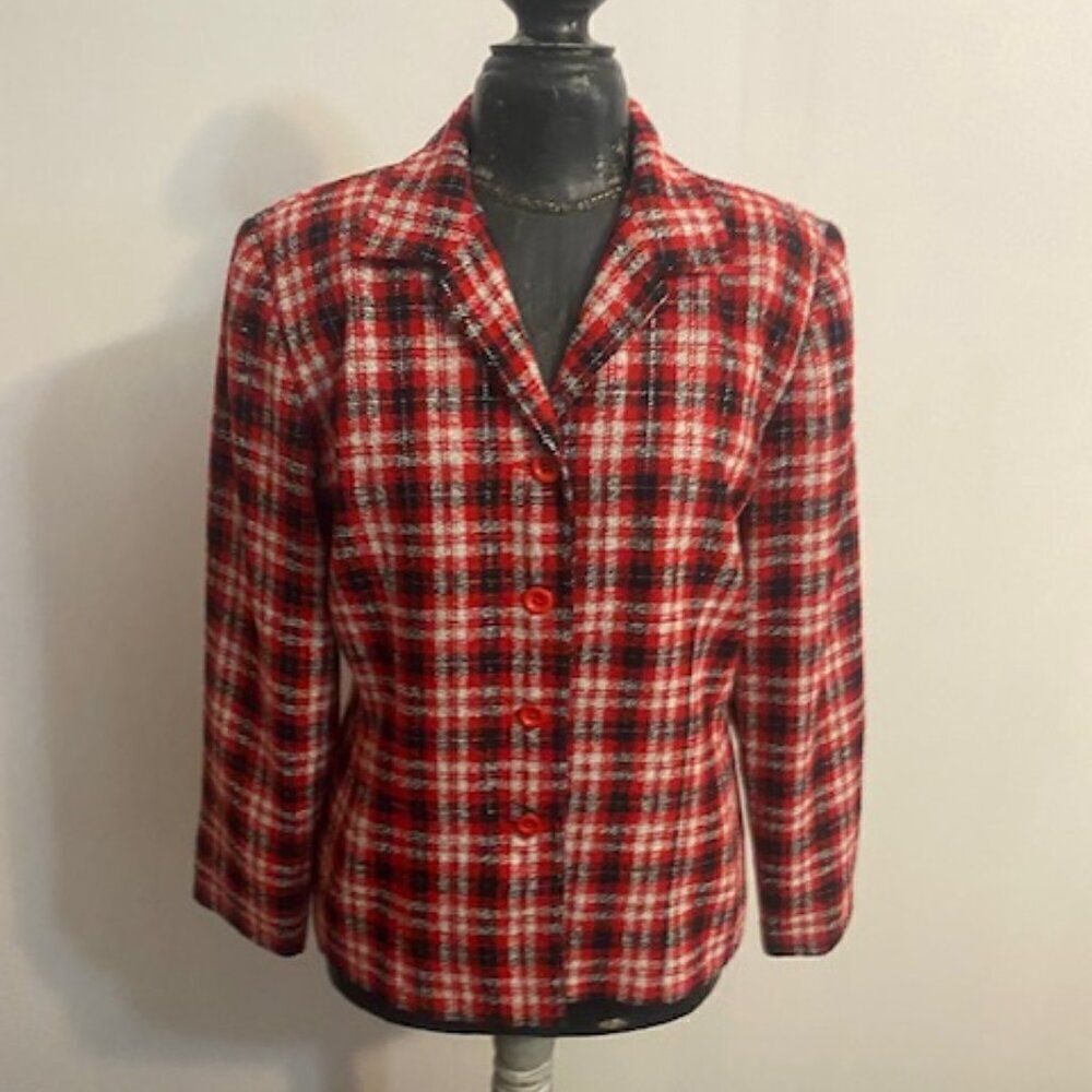 Leslie Faye Haberdashery Red/Black/Gray Plaid 4 button jacket, size 12